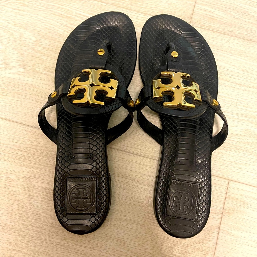 Tory Burch Black with Gold Hardware Miller 2 "Vitraux" Snake Skin Sandals